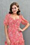 Lined Pink Floral Patterned Fabric Gipeli Degaje Collar Princess Sleeve Layered Design Midi Dress 3230 - 5