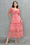 Lined Pink Floral Patterned Fabric Gipeli Degaje Collar Princess Sleeve Layered Design Midi Dress 3230 - 7