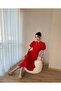 Red Collar Stone Detailed Balloon Sleeve Midi Dress - 3