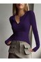 1 Piece Women's Purple Button Detailed Patch Button Crew Neck Long Sleeve Ribbed Camisole Blouse Body - 4