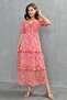 Lined Pink Floral Patterned Fabric Gipeli Degaje Collar Princess Sleeve Layered Design Midi Dress 3230 - 4