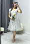 Women's Flounced Square Neck Watermelon Sleeve Flared Evening Dress White, Green
