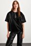 Feleca Shiny Coated Black Women's T-shirt - Crew Neck, Short Sleeve