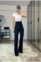 Extra High Waist Flared Leg Navy Blue Recovery Fabric Trousers - 3