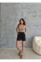 High Waist, Elastic Waist, Pocketed Flared Linen Summer Black Shorts - 6