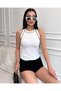 Women's White Halter Neck Ribbed Knit Blouse with Corded Fabric - 2