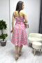 Women's Pink Strap Flared Floral Detail Summer Dress - 5