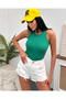 Women's Green Thick Trimmed Halter Neck Corded Fabric Knit Blouse - 2