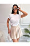 Women's White Crew Neck Ruched Blouse with Corded Fabric Knit - 4