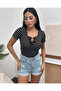 Women's Black and White Snap Fastener Ribbed Knitted Blouse - 3