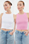 Pembe-Beyaz 2'li Paket Vücuda Oturan Crop Halter Yaka Fitilli Esnek Örme Atlet TWOSS21AL0058