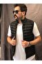 Men's Black Puffer Vest Zippered Pocket Stand Collar Padded Sleeveless Vest