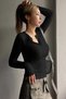1 Piece Women's Black Button-Detail Placket Buttoned Crew Neck Long Sleeve Ribbed Knit Bodysuit Blouse - 4