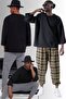 Wide Collar, Short Sleeves, Bohemian Plain Black Sweatshirt, 2 Thread Fabric, Oversize - 2
