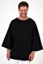 Wide Collar, Short Sleeves, Bohemian Plain Black Sweatshirt, 2 Thread Fabric, Oversize - 3