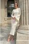 Ecru Spanish Sleeve Belted Pleated Fabric Dress - 5
