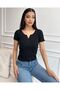 Women's Black Knitted Blouse with Plastic Collar Tips