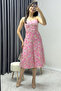 Women's Pink Strap Flared Floral Detail Summer Dress