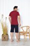 Men's Short Sleeve, Capri Collar, Buttoned, Pocketed, 100% Cotton, Burgundy Color Pajama Set - 3