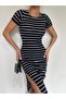 WOMEN'S BLACK AND WHITE STRIPED SUMMER DRESS WITH SLIT - 2