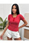 Women's Red and White Snap Fastener Ribbed Knitted Blouse - 4