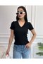 Women's Black V-Neck Ribbed Knitted Blouse - 2