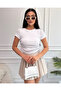 Women's White Crew Neck Ruched Blouse with Corded Fabric Knit - 3