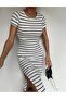 WOMEN'S BLACK AND WHITE STRIPED SUMMER DRESS WITH SLIT - 4