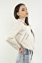 Women's White Leather Jacket with Metal Zipper (X-Bİ)