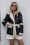 Bestellalife Women's Black Leather Inside Beige Fur Coat - 2