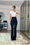 Extra High Waist Flared Leg Navy Blue Recovery Fabric Trousers - 4