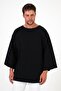 Wide Collar, Short Sleeves, Bohemian Plain Black Sweatshirt, 2 Thread Fabric, Oversize - 5