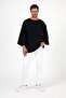 Wide Collar, Short Sleeves, Bohemian Plain Black Sweatshirt, 2 Thread Fabric, Oversize - 4