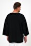 Wide Collar, Short Sleeves, Bohemian Plain Black Sweatshirt, 2 Thread Fabric, Oversize - 8
