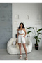 High Waist, Elastic Waist, Pocketed Flared Linen Summer Light-Beige Shorts - 5