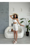 High Waist, Elastic Waist, Pocketed Flared Linen Summer Light-Beige Shorts