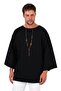 Wide Collar, Short Sleeves, Bohemian Plain Black Sweatshirt, 2 Thread Fabric, Oversize
