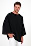 Wide Collar, Short Sleeves, Bohemian Plain Black Sweatshirt, 2 Thread Fabric, Oversize - 6
