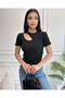Women's Black Window Detailed Ribbed Knitted Blouse
