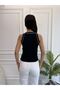 Women's Black Halter Neck Ribbed Knit Blouse with Corded Fabric - 6