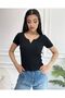 Women's Black Knitted Blouse with Plastic Collar Tips - 2