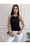 Women's Black Halter Neck Ribbed Knit Blouse with Corded Fabric