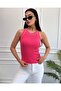 Women's Pink Halter Neck Ribbed Knitted Blouse