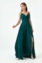 Women's Lined Chiffon Fabric Thin Strap Slit Detailed Maxi Length Emerald Green Dress 1524 - 6
