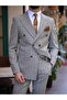 Men's Plaid Double Breasted Suit Italian Cut Slim Fit Jacket Trousers -Milk Coffee - 3