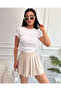 Women's White Crew Neck Ruched Blouse with Corded Fabric Knit - 2