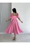 Pink Square Neck Balloon Sleeve Pleated Midi Length Dress - 3