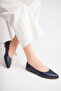 Genuine Leather Navy Blue Women's Leather Ballerinas Dp58-5057 - 4