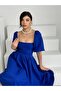 Women's Balloon Sleeve Strapless Neckline Satin Fabric Flared Short Balloon Sleeve Midi Length Blue Cobalt 104 - 2