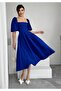 Women's Balloon Sleeve Strapless Neckline Satin Fabric Flared Short Balloon Sleeve Midi Length Blue Cobalt 104 - 4